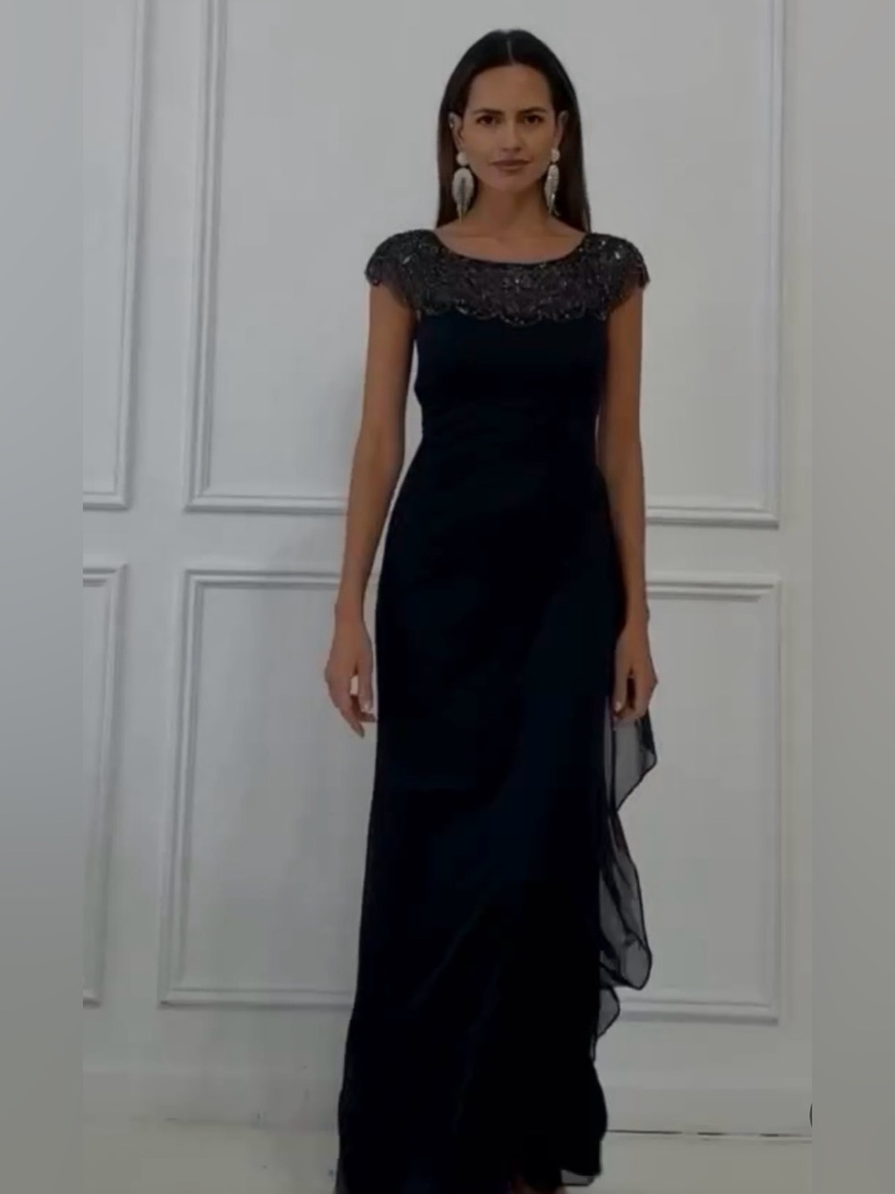 Xscape Navy Beaded Cap-Sleeve Maxi Gown